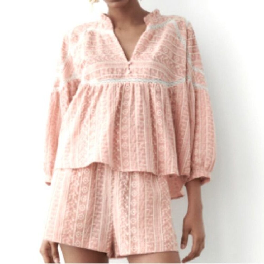 Zara Pink Embroidered Blouse - Size Small
